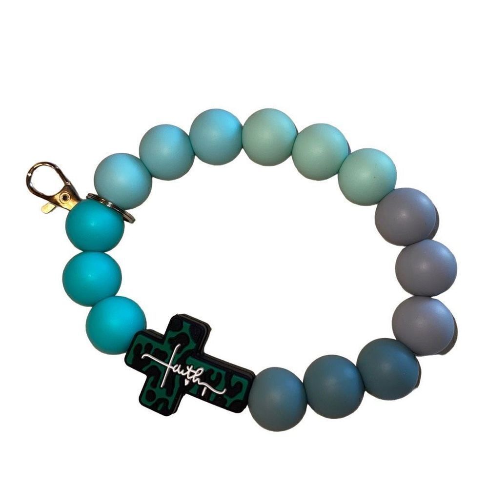 Keychain bracelet wristlet silicone beaded Faith Cross Christ Christian Leopard